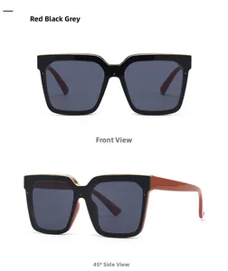 Front and side view of square cat eye sunglasses with black gold frame and dark lenses