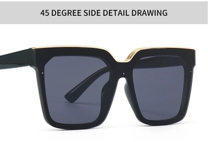 Detailed 45-degree side view of black cat-eye sunglasses with gold metal top trim