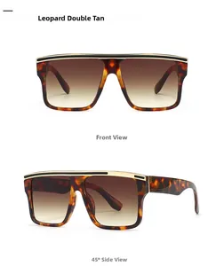 Detail view of leopard print square oversized sunglasses with gold metal top bar