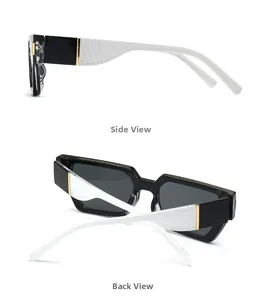 Detail view of stylish square sunglasses with white crocodile texture temples and gold accents