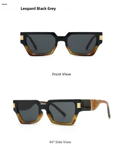 Detailed front and side views of square leopard print sunglasses with gold metal accents