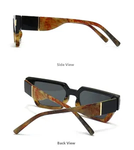 Detail view of square sunglasses with black front frame and tortoiseshell temples