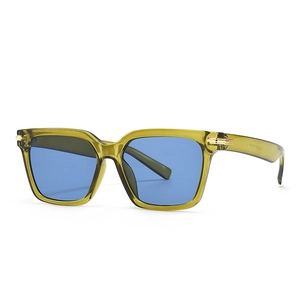 Lunettes de soleil rétro carrées en résine vert olive avec verres bleus et détails dorés