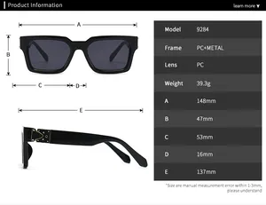 Guide des tailles lunettes de soleil carrées 9284 avec dimensions détaillées du cadre