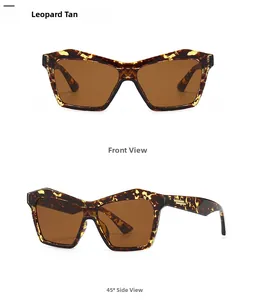 Detail view of leopard print cat-eye sunglasses with tan lenses and golden metal accents