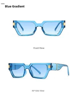 Detail view of blue square sunglasses featuring gradient lenses and gold metal accents