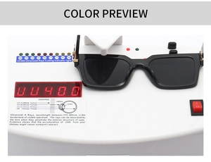 Détail de lunettes de soleil carrées montrant le test de protection UV400