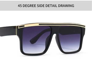 Detail view of large square sunglasses with thick black frame and purple gradient lenses