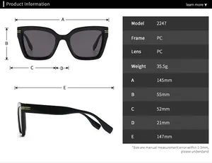 Detaillierte Größenangaben für ovale Sonnenbrillen inkl. Rahmenmaße und PC-Material