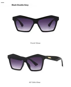 Front and 45-degree side views of black cat-eye sunglasses with purple gradient lenses