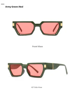 Detail of military green square sunglasses with red lenses and crocodile texture temples