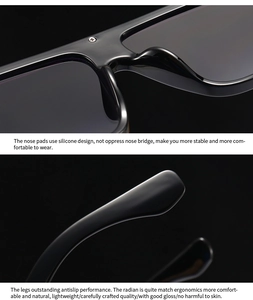 Detail view of ergonomic silicone nose pads and anti-slip temples on black sunglasses