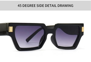 Detail view of black square sunglasses with textured gold metal hinges and purple gradient lenses