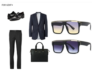 Flat lay of square sunglasses with gradient lenses and luxury men business accessories
