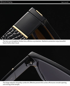 Detailed macro of black sunglasses featuring crocodile texture and gold metal accents