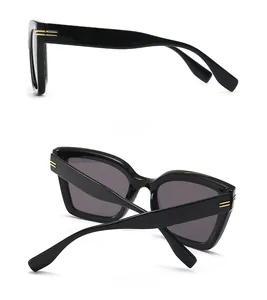 Detailansicht der ovalen Sonnenbrille mit Seiten- und Rückansicht und Goldverzierung
