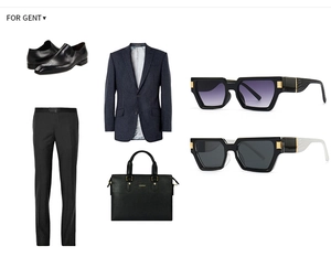 Flat lay of square frame sunglasses with blue pinstripe blazer and black leather oxford shoes