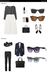 Flat lay of cat-eye sunglasses with fashion apparel for men and women on white background