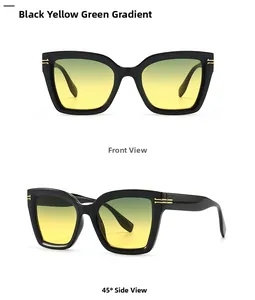 Ovale Sonnenbrille mit schwarzem Rahmen, gelb-grünem Verlauf und goldenen Akzenten