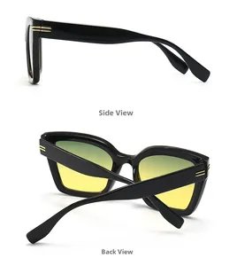 Detailansicht der ovalen Sonnenbrille mit Verlaufsgläsern und goldenen Bügelstreifen