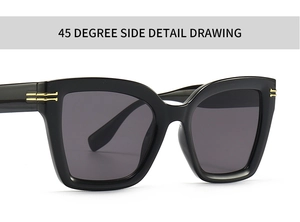 Seitenansicht der schwarzen ovalen Sonnenbrille mit goldenen Scharnieren und Gläsern