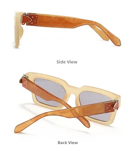 Détails de lunettes de soleil carrées rétro avec branches ambre et rivets argentés