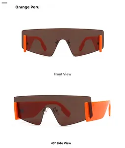 Occhiali da sole arancioni oversize a maschera con vista frontale e laterale a 45 gradi