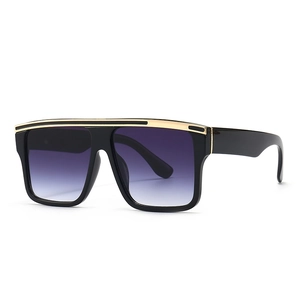 Modern oversized square sunglasses with black frame, purple gradient lenses, and gold trim