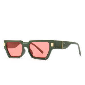 Retro square sunglasses with dark green frames and red tinted lenses in side view