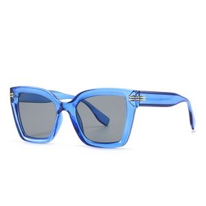 Blaue transparente ovale Sonnenbrille mit grauen Gläsern und goldenen Bügeldetails