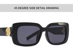 Detail of black rectangular sunglasses featuring gold circular metal accents on the hinge
