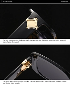 Detail of premium black acetate frame with golden star accents and reinforced metal hinges