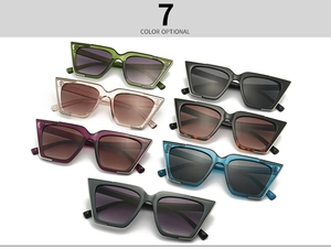 Detailed flat lay of cat eye sunglasses in seven colors with sleek metal accents