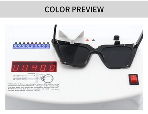 Cat eye sunglasses showing UV400 protection test result on professional testing device