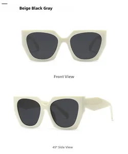 Vue de face et à 45 degrés de lunettes de soleil géométriques beiges avec verres gris