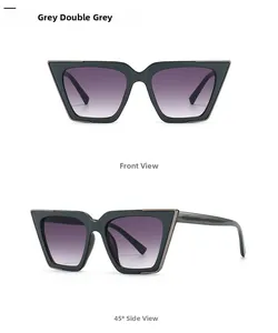Front and side view of cat eye sunglasses with grey frames and purple gradient lenses