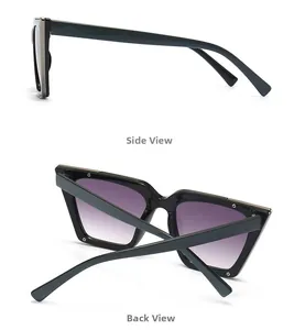Side and back view of cat eye sunglasses with black frame and purple gradient lenses