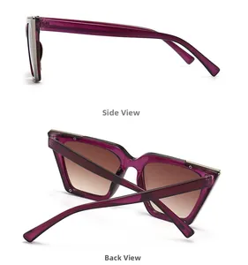 Detailed side and back views of purple transparent oversized sunglasses with gradient lenses