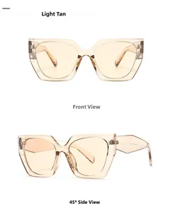 Vues de face et à 45 degrés de lunettes de soleil géométriques modernes beige clair