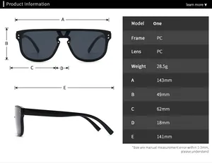 Detailed size chart for oversized one-piece fashion sunglasses with frame dimensions