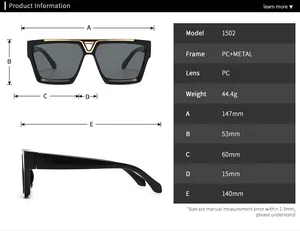 Size chart showing dimensions for model 1502 retro flat top square sunglasses in mm
