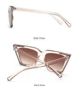 Detail view of pink champagne cat-eye sunglasses showing side profile and back frame structure