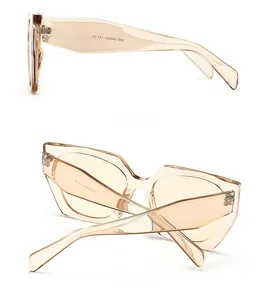 Détail des lunettes de soleil géométriques ambre avec marquage CE et specs sur la branche