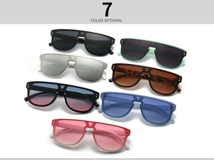 Detail showing oversized sunglasses in seven colors with V-shape bridge and rivets
