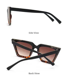 Detailed side and back view of oversized square cat eye sunglasses in dark tortoiseshell