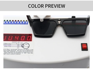 UV400 protection test for square black sunglasses showing UV resistance on digital meter