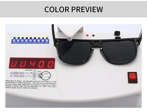 UV400 protection test showing the lens blocking harmful ultraviolet rays on a digital meter