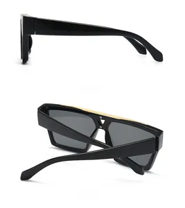 Detail view showing side and back profiles of black square sunglasses with gold top bar