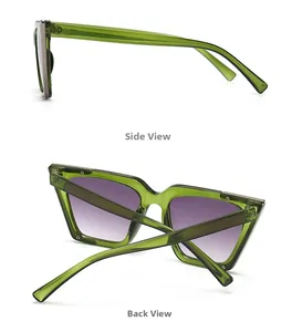 Green transparent square sunglasses with purple gradient lenses and metal trim detail