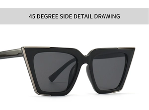 Close-up of black square frame sunglasses with metal accents at a 45-degree angle